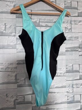 NWT Revamped Aqua and Black Ribbed Zip-Front Bodysuit